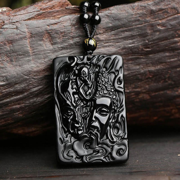 Buddha Stones Natural Black Obsidian Buddha Devil Pattern Strength Necklace Pendant - Buddha Devil Pendant+Bead Chain - image 0