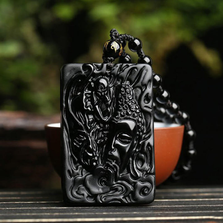 Buddha Stones Natural Black Obsidian Buddha Devil Pattern Strength Necklace Pendant - image 2