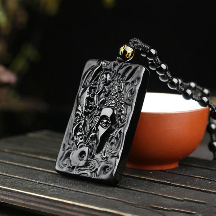 Buddha Stones Natural Black Obsidian Buddha Devil Pattern Strength Necklace Pendant - image 3