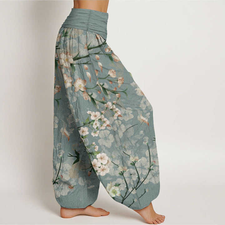Buddha Stones Pure Cotton Peach Blossoms Flying Geese Pattern Women's Elastic Waist Harem Pants - image 2
