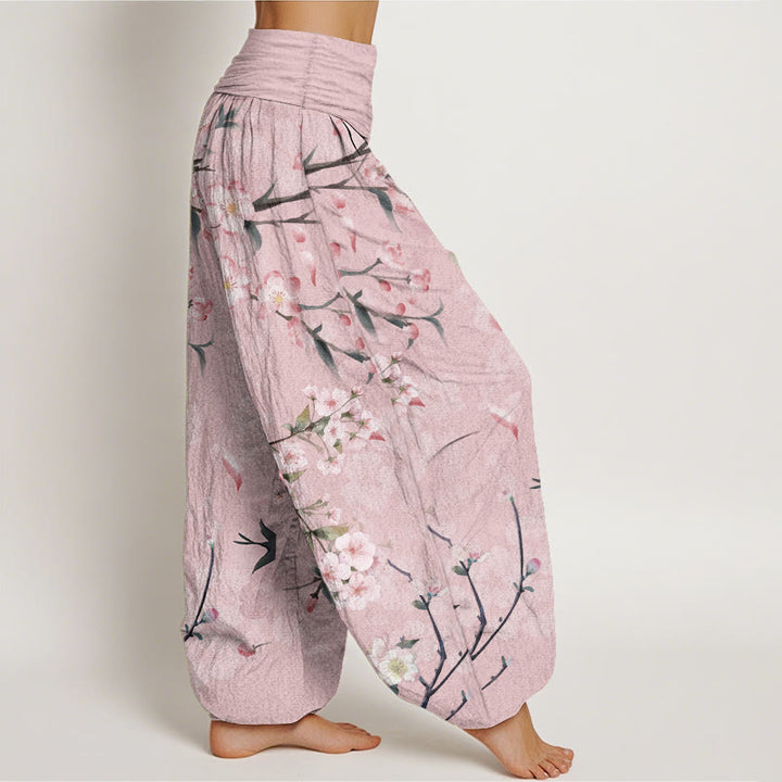 Buddha Stones Pure Cotton Peach Blossoms Flying Geese Pattern Women's Elastic Waist Harem Pants - image 7