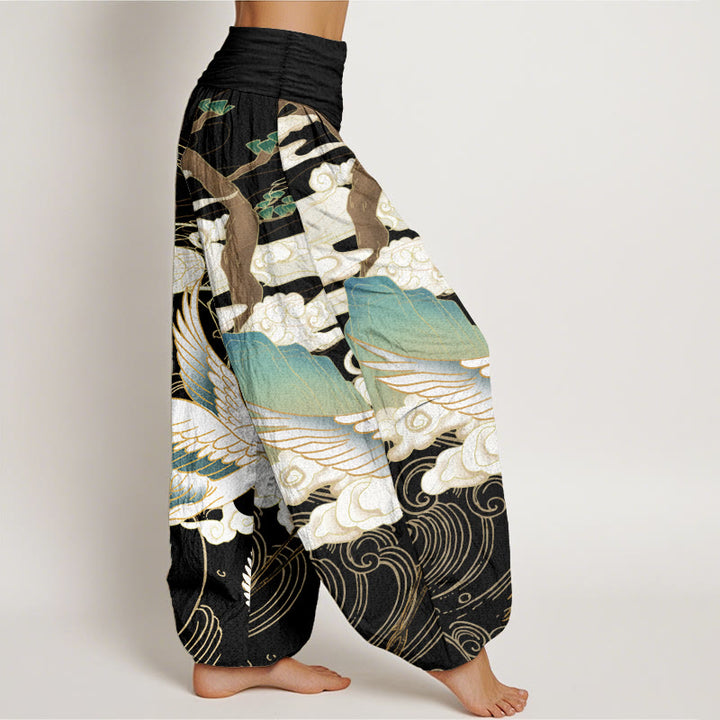 Buddha Stones Pure Cotton Flying Cranes Auspicious Clouds Tree women's Elastic Waist Harem Pants - image 2
