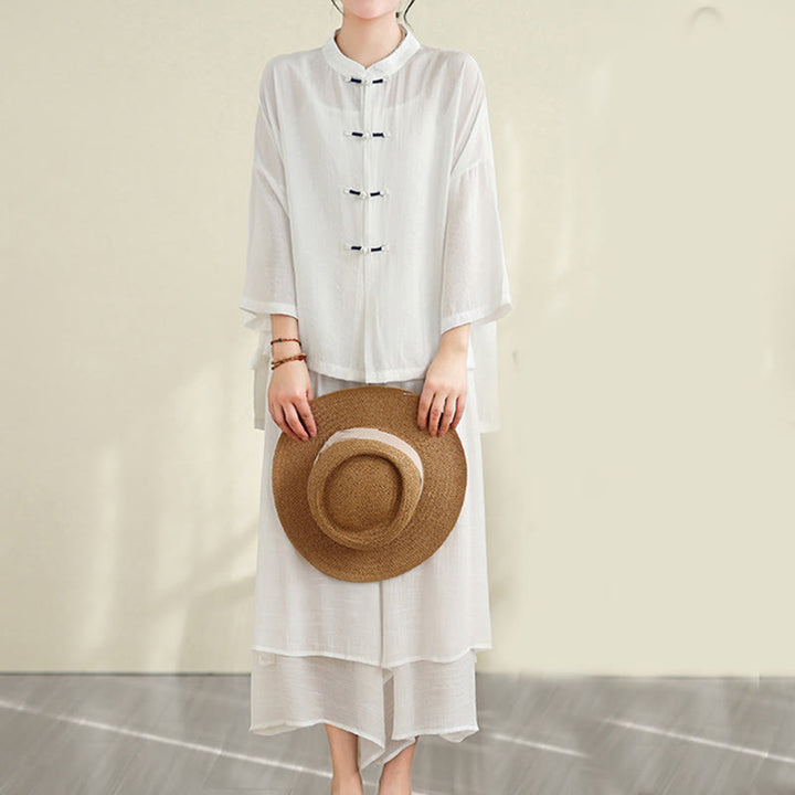 Buddha Stones 2pcs Casual Women's Frog Button Shirt Loose Pants Meditation Clothing Set - image 15