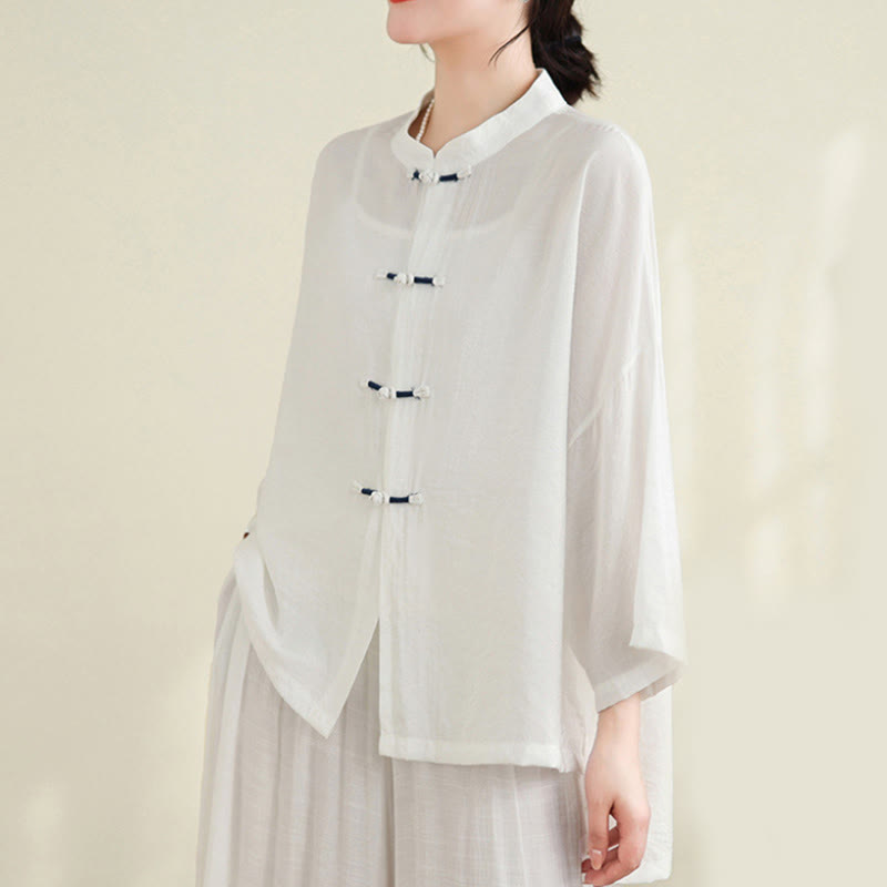 Buddha Stones 2pcs Casual Women's Frog Button Shirt Loose Pants Meditation Clothing Set - image 12