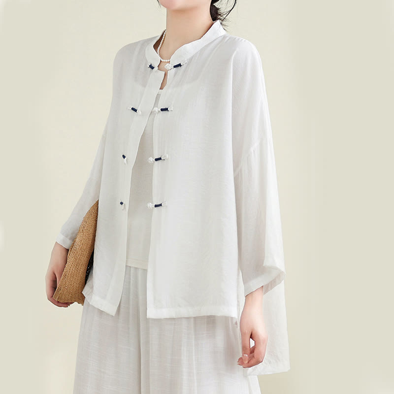 Buddha Stones 2pcs Casual Women's Frog Button Shirt Loose Pants Meditation Clothing Set - image 14