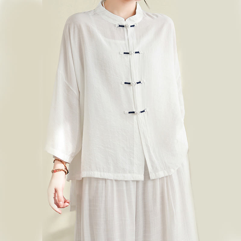 Buddha Stones 2pcs Casual Women's Frog Button Shirt Loose Pants Meditation Clothing Set - image 11