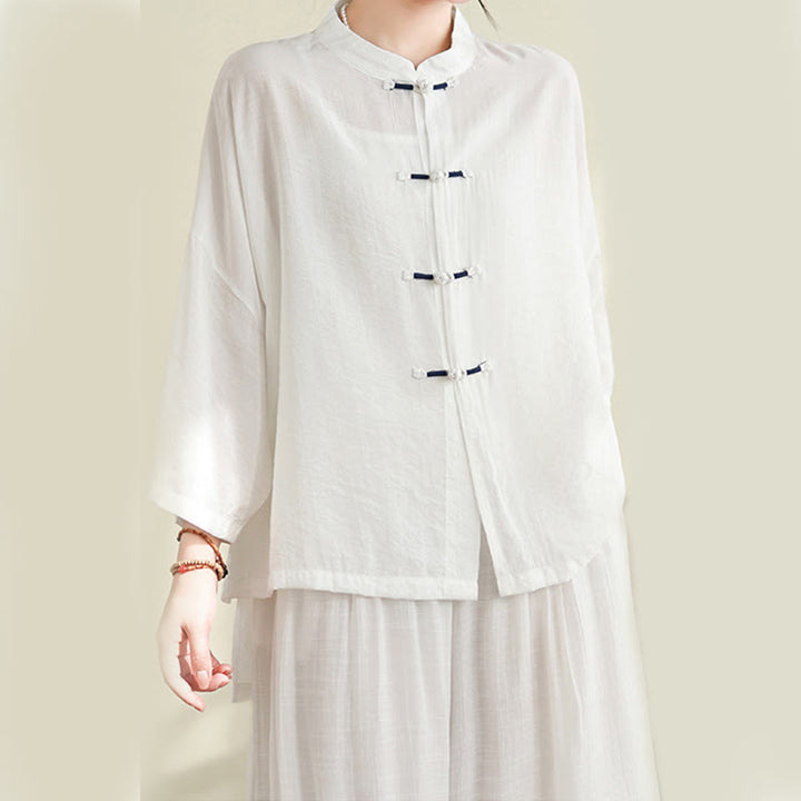 Buddha Stones 2pcs Casual Women's Frog Button Shirt Loose Pants Meditation Clothing Set - image 11