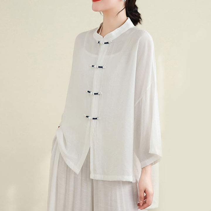 Buddha Stones 2pcs Casual Women's Frog Button Shirt Loose Pants Meditation Clothing Set - image 16