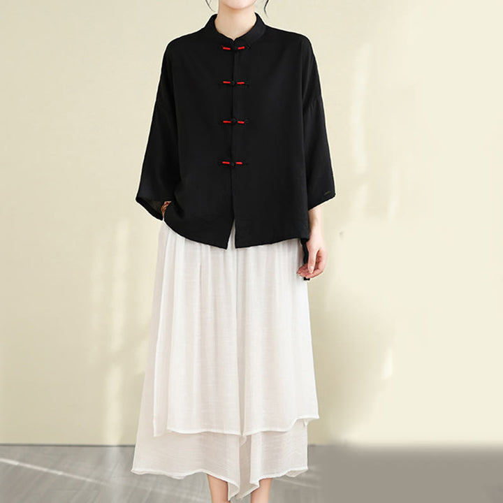 Buddha Stones 2pcs Casual Women's Frog Button Shirt Loose Pants Meditation Clothing Set - Black - US12,UK/AU16,EU44 (XL) - image 19