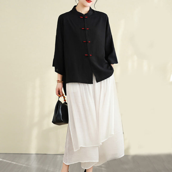 Buddha Stones 2pcs Casual Women's Frog Button Shirt Loose Pants Meditation Clothing Set - image 21