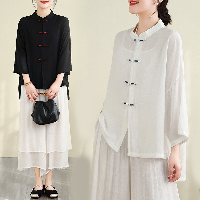 Buddha Stones 2pcs Casual Women's Frog Button Shirt Loose Pants Meditation Clothing Set - image 26