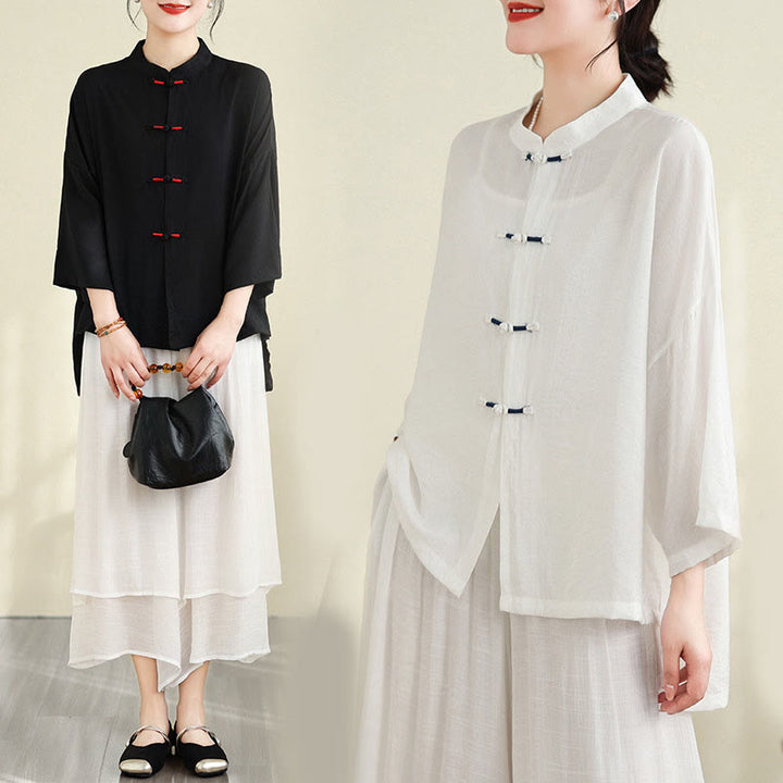 Buddha Stones 2pcs Casual Women's Frog Button Shirt Loose Pants Meditation Clothing Set - image 26