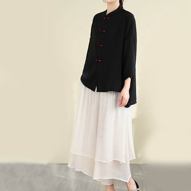 Buddha Stones 2pcs Casual Women's Frog Button Shirt Loose Pants Meditation Clothing Set - image 22