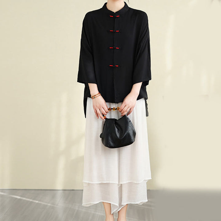 Buddha Stones 2pcs Casual Women's Frog Button Shirt Loose Pants Meditation Clothing Set - image 25