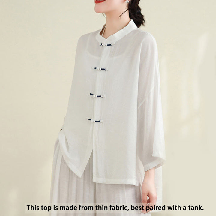 Buddha Stones 2pcs Casual Women's Frog Button Shirt Loose Pants Meditation Clothing Set - image 7