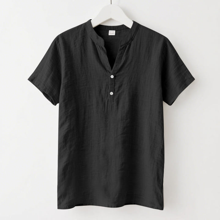 Buddha Stones Solid Summer Short Sleeve Half Buttons Linen Men's Shirt - Black - US/UK/AU46,EU56 (3XL) - image 0