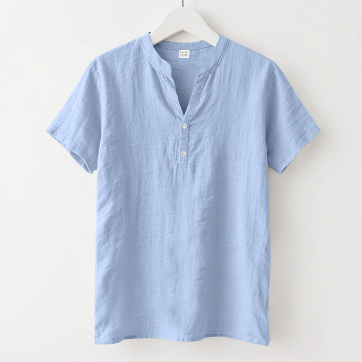 Buddha Stones Solid Summer Short Sleeve Half Buttons Linen Men's Shirt - LightSkyBlue - US/UK/AU46,EU56 (3XL) - image 18