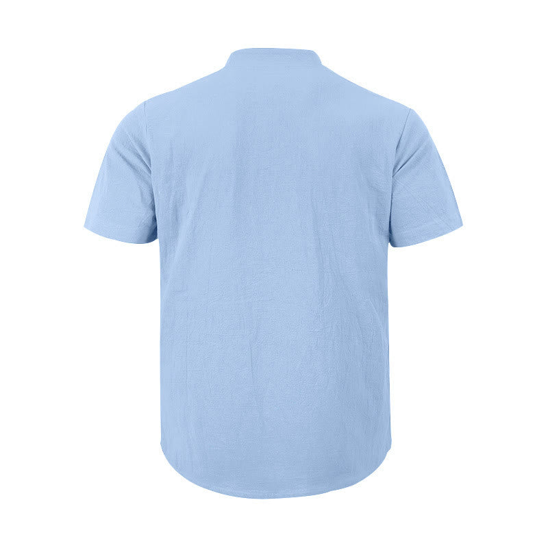 Buddha Stones Solid Summer Short Sleeve Half Buttons Linen Men's Shirt - image 20