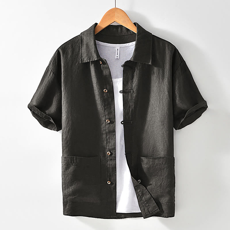 Buddha Stones Solid Summer Short Sleeve Buttons Linen Men's Shirt With Pockets - DimGray - US/UK/AU42,EU52 (3XL) - image 21