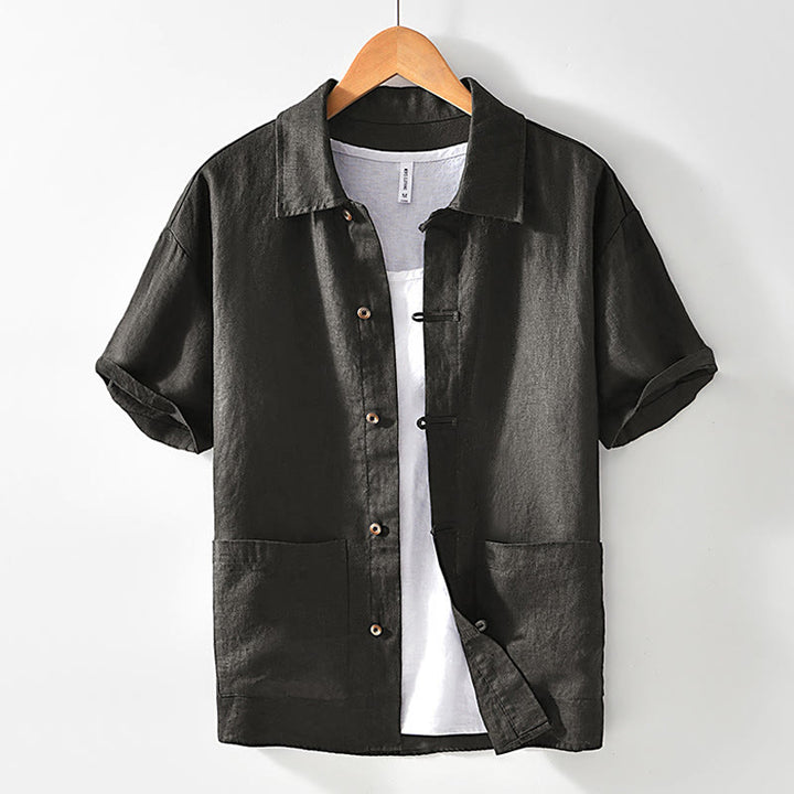 Buddha Stones Solid Summer Short Sleeve Buttons Linen Men's Shirt With Pockets - DimGray - US/UK/AU42,EU52 (3XL) - image 21