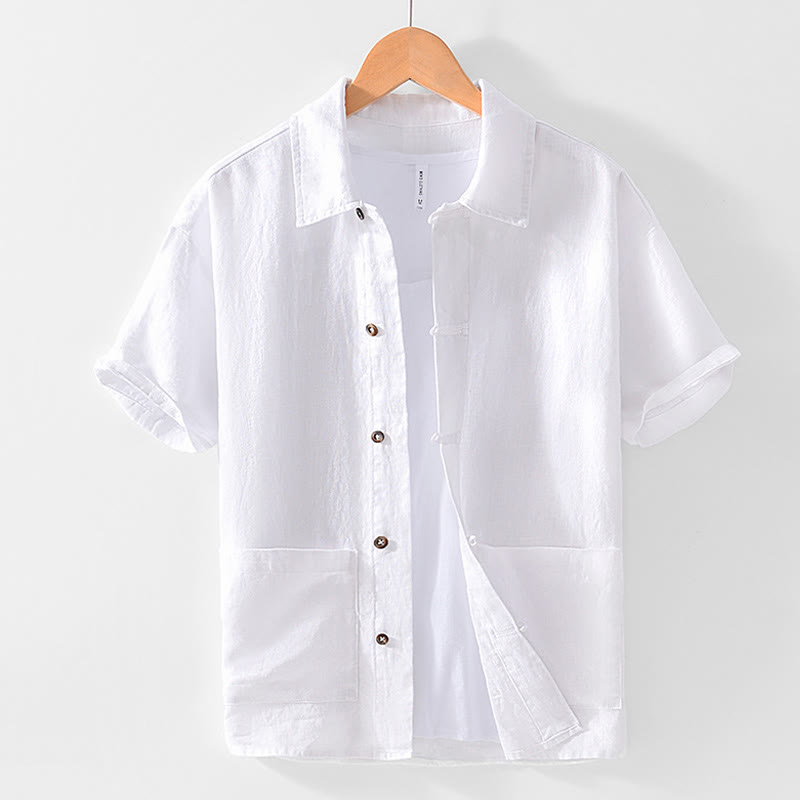 Buddha Stones Solid Summer Short Sleeve Buttons Linen Men's Shirt With Pockets - White - US/UK/AU42,EU52 (3XL) - image 8
