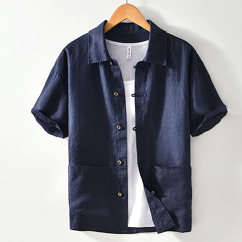 Buddha Stones Solid Summer Short Sleeve Buttons Linen Men's Shirt With Pockets - SteelBlue - US/UK/AU42,EU52 (3XL) - image 15