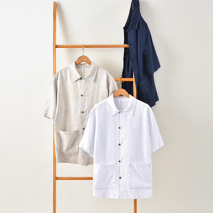 Buddha Stones Solid Summer Short Sleeve Buttons Linen Men's Shirt With Pockets - image 9