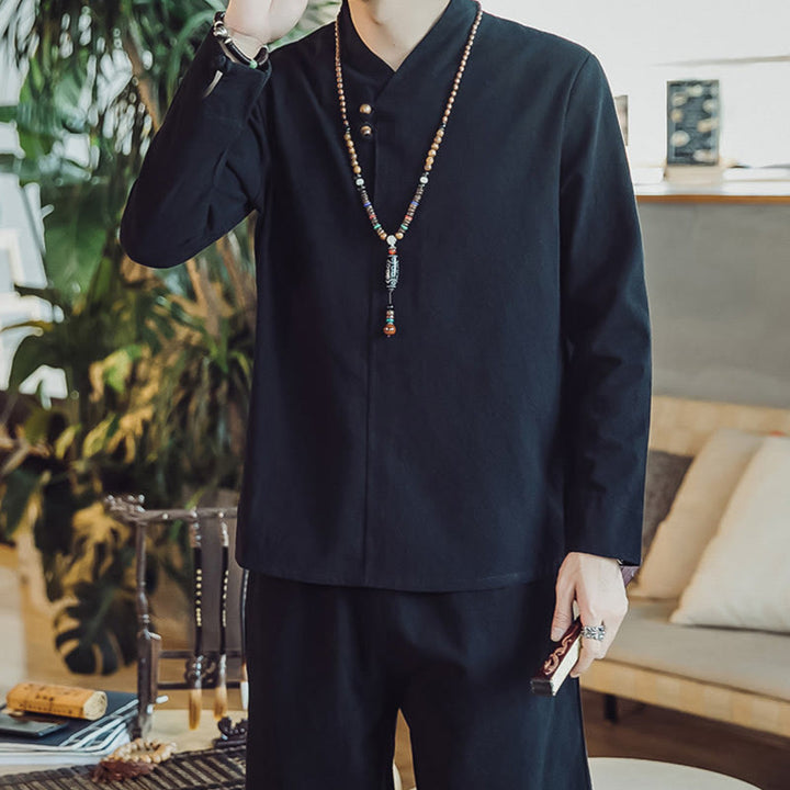 Buddha Stones 2Pcs Cotton Shirt Ankle-Length Pants With Pockets Men's Meditation Cloth Set - image 17