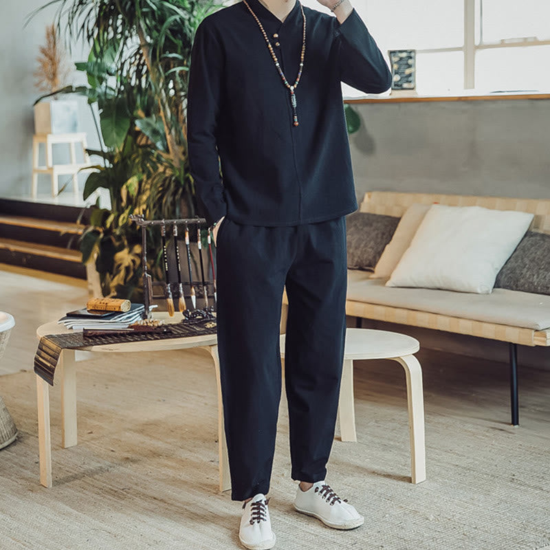 Buddha Stones 2Pcs Cotton Shirt Ankle-Length Pants With Pockets Men's Meditation Cloth Set - image 10