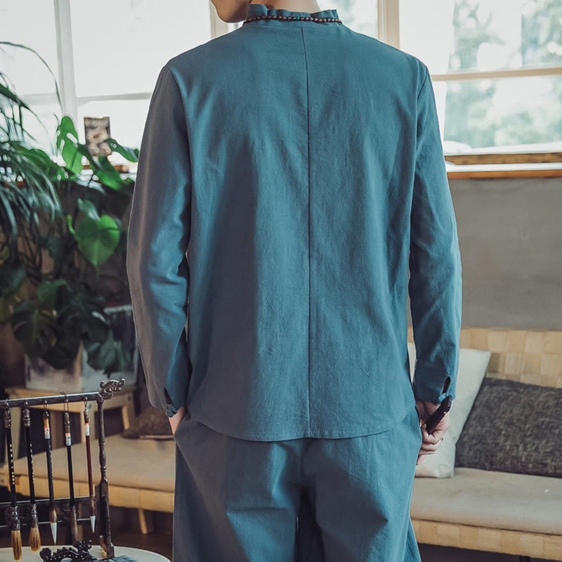 Buddha Stones 2Pcs Cotton Shirt Ankle-Length Pants With Pockets Men's Meditation Cloth Set - image 23