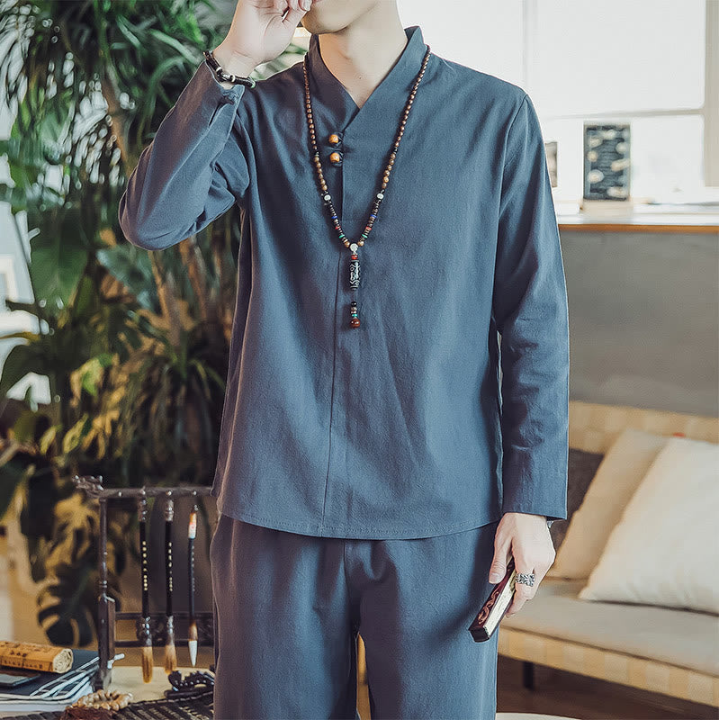 Buddha Stones 2Pcs Cotton Shirt Ankle-Length Pants With Pockets Men's Meditation Cloth Set - image 38