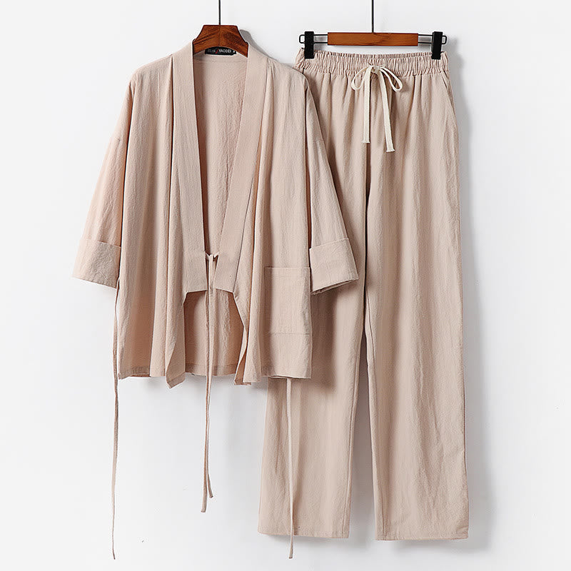 Buddha Stones 2Pcs Lace-up Cotton Kimono Pants With Pockets Men's Meditation Cloth Set - Wheat - US/UK/AU54,EU64 (9XL) - image 9