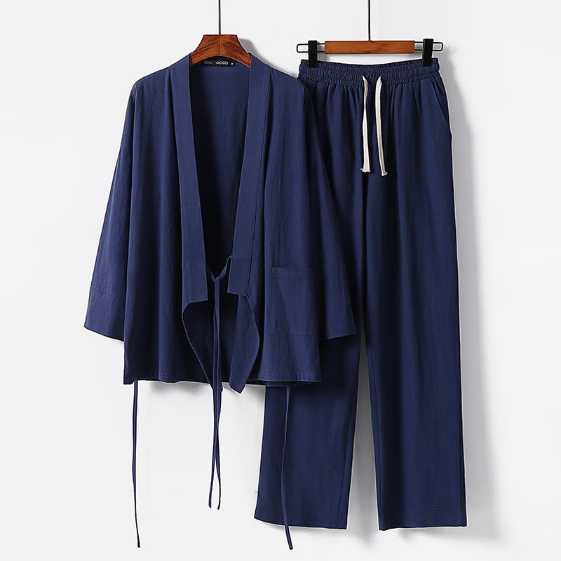 Buddha Stones 2Pcs Lace-up Cotton Kimono Pants With Pockets Men's Meditation Cloth Set - SteelBlue - US/UK/AU54,EU64 (9XL) - image 11