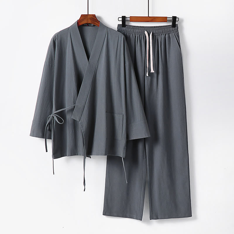 Buddha Stones 2Pcs Lace-up Cotton Kimono Pants With Pockets Men's Meditation Cloth Set - Gray - US/UK/AU54,EU64 (9XL) - image 0