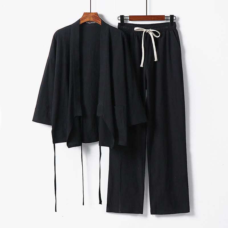 Buddha Stones 2Pcs Lace-up Cotton Kimono Pants With Pockets Men's Meditation Cloth Set - Black - US/UK/AU54,EU64 (9XL) - image 6