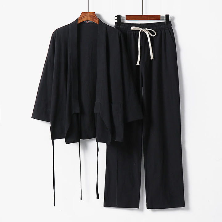 Buddha Stones 2Pcs Lace-up Cotton Kimono Pants With Pockets Men's Meditation Cloth Set - Black - US/UK/AU54,EU64 (9XL) - image 6