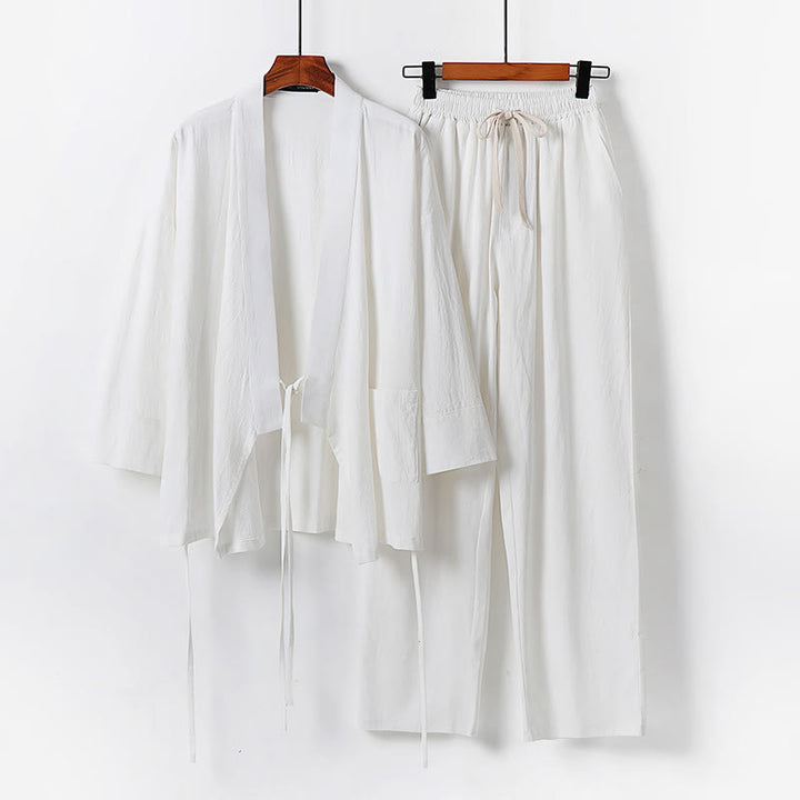 Buddha Stones 2Pcs Lace-up Cotton Kimono Pants With Pockets Men's Meditation Cloth Set - White - US/UK/AU54,EU64 (9XL) - image 1