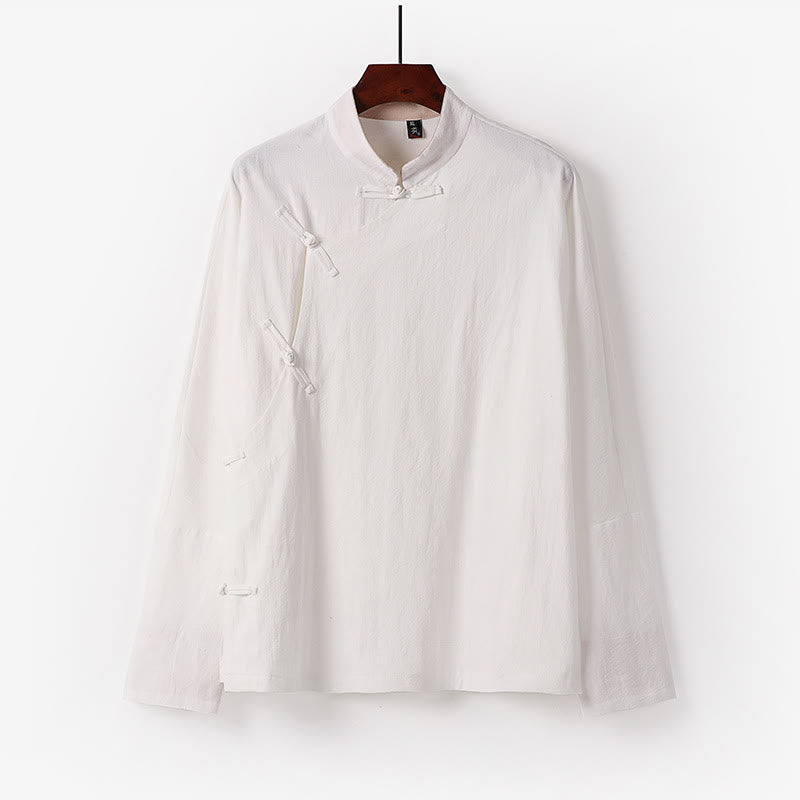 Buddha Stones Vintage Plain Chinese Frog-Button Cotton Long Sleeve Men's Shirt - White - US/UK/AU50,EU60 (7XL) - image 1