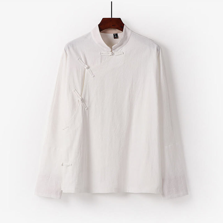 Buddha Stones Vintage Plain Chinese Frog-Button Cotton Long Sleeve Men's Shirt - White - US/UK/AU50,EU60 (7XL) - image 1