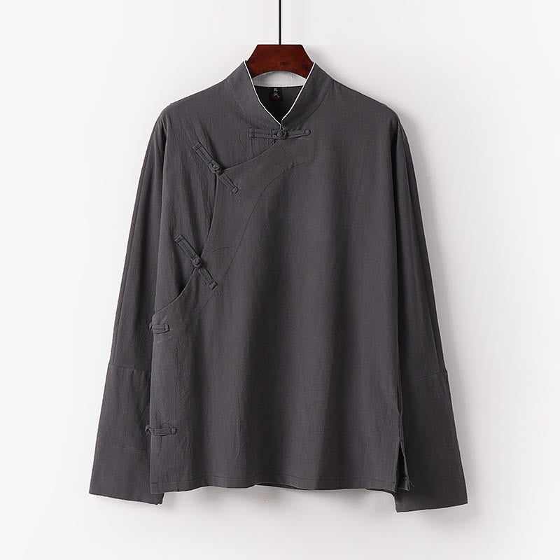 Buddha Stones Vintage Plain Chinese Frog-Button Cotton Long Sleeve Men's Shirt - LightGrey - US/UK/AU50,EU60 (7XL) - image 2