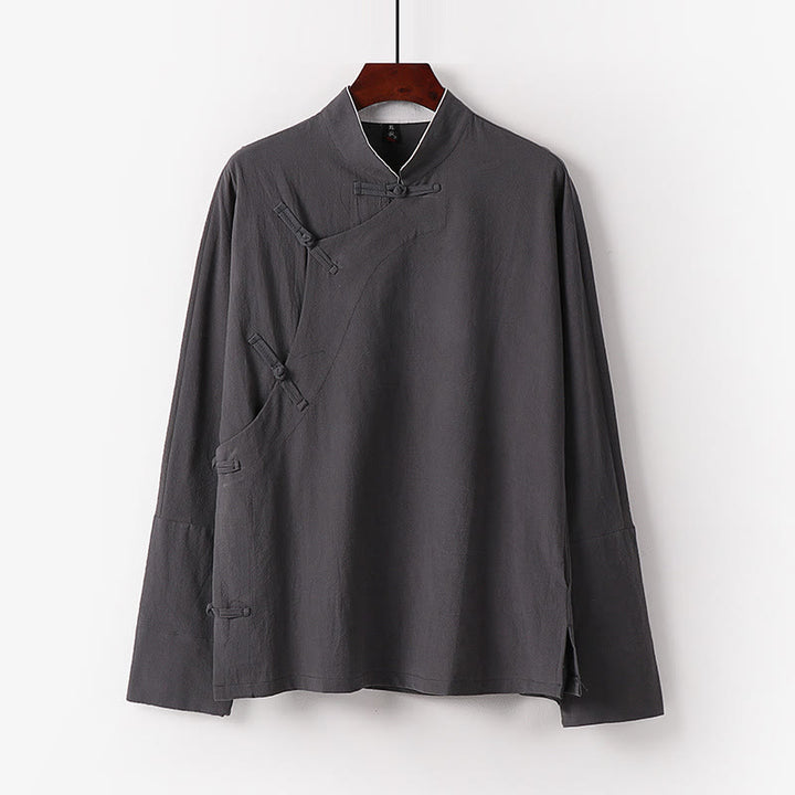 Buddha Stones Vintage Plain Chinese Frog-Button Cotton Long Sleeve Men's Shirt - LightGrey - US/UK/AU50,EU60 (7XL) - image 2