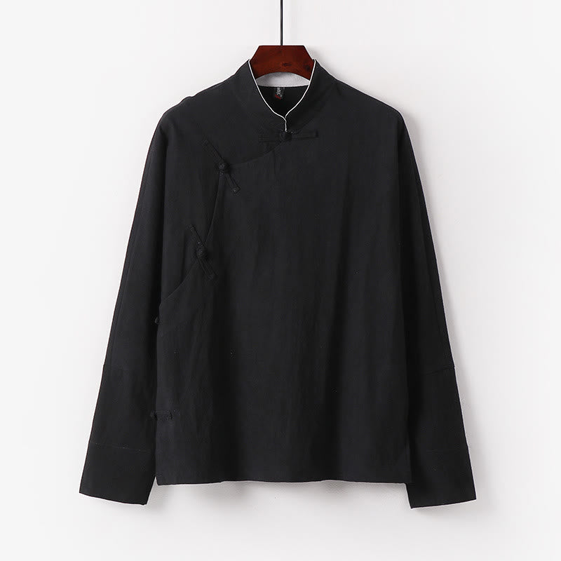 Buddha Stones Vintage Plain Chinese Frog-Button Cotton Long Sleeve Men's Shirt - Black - US/UK/AU50,EU60 (7XL) - image 3