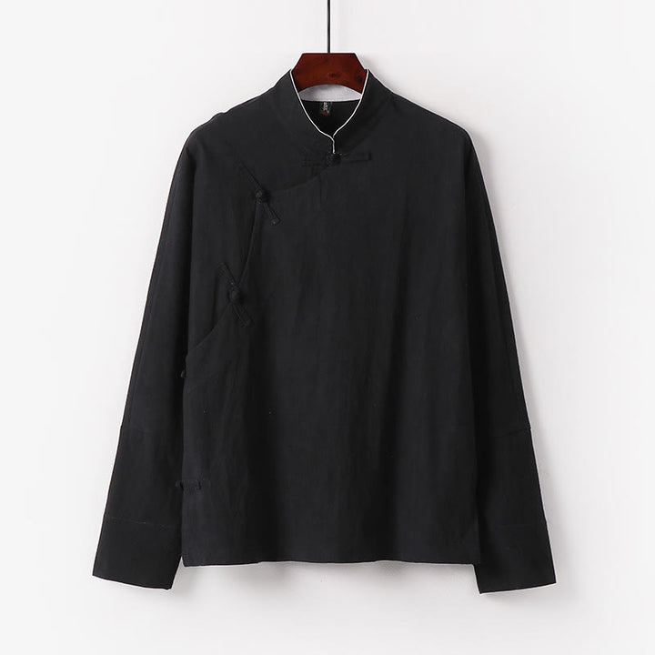 Buddha Stones Vintage Plain Chinese Frog-Button Cotton Long Sleeve Men's Shirt - Black - US/UK/AU50,EU60 (7XL) - image 3