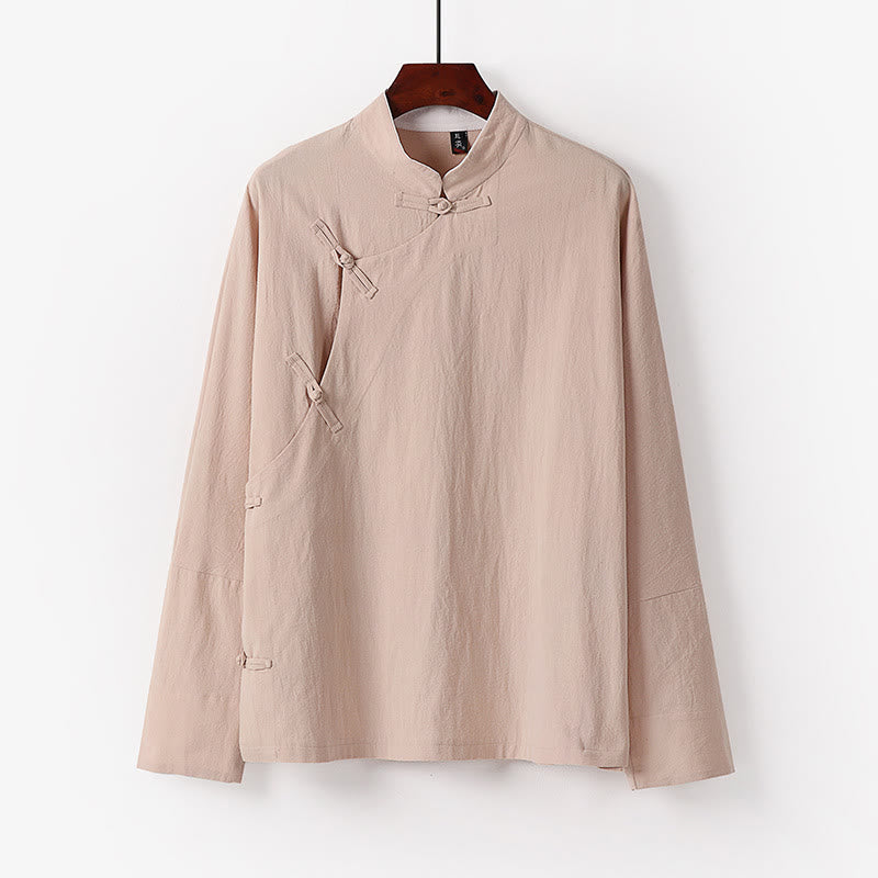 Buddha Stones Vintage Plain Chinese Frog-Button Cotton Long Sleeve Men's Shirt - Wheat - US/UK/AU50,EU60 (7XL) - image 4