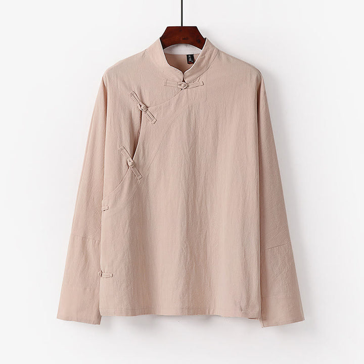 Buddha Stones Vintage Plain Chinese Frog-Button Cotton Long Sleeve Men's Shirt - Wheat - US/UK/AU50,EU60 (7XL) - image 4