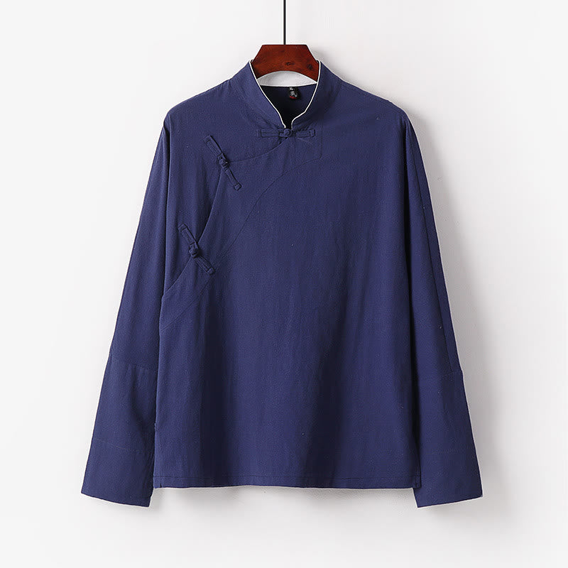 Buddha Stones Vintage Plain Chinese Frog-Button Cotton Long Sleeve Men's Shirt - SteelBlue - US/UK/AU50,EU60 (7XL) - image 0