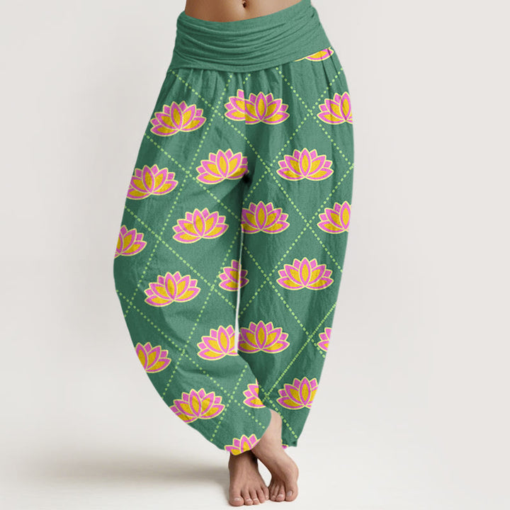 Buddha Stones Casual Vibrant Lotus Flower Pattern Women's Elastic Waist Harem Pants - MediumSeaGreen - US22,UK/AU26,EU54 (6XL) - image 0