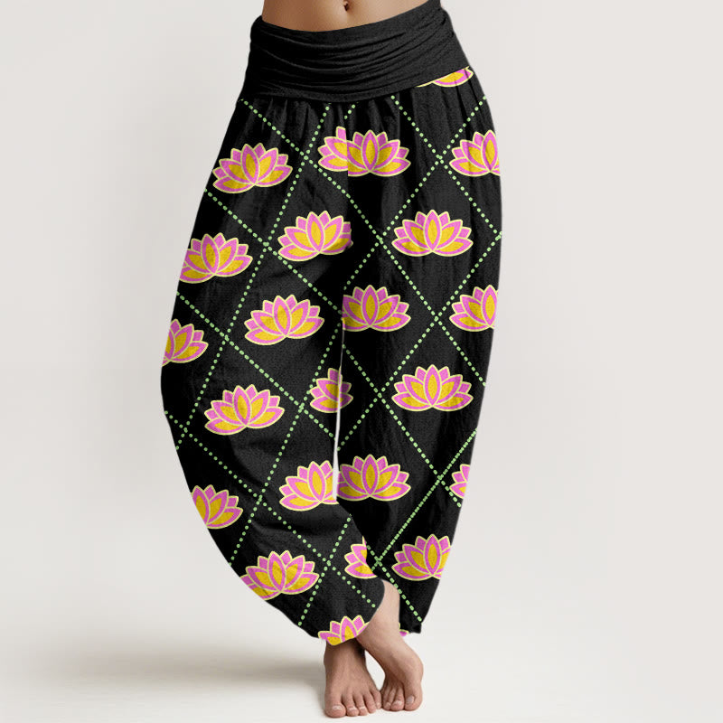 Buddha Stones Casual Vibrant Lotus Flower Pattern Women's Elastic Waist Harem Pants - Black - US22,UK/AU26,EU54 (6XL) - image 4