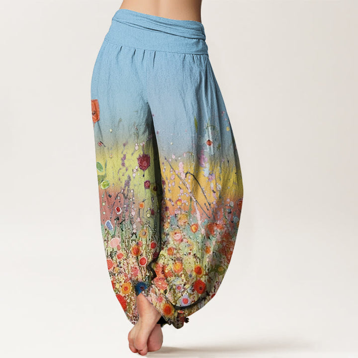 Buddha Stones Casual Colorful Flowers Gradient Background Pattern Women's Elastic Waist Harem Pants - image 9