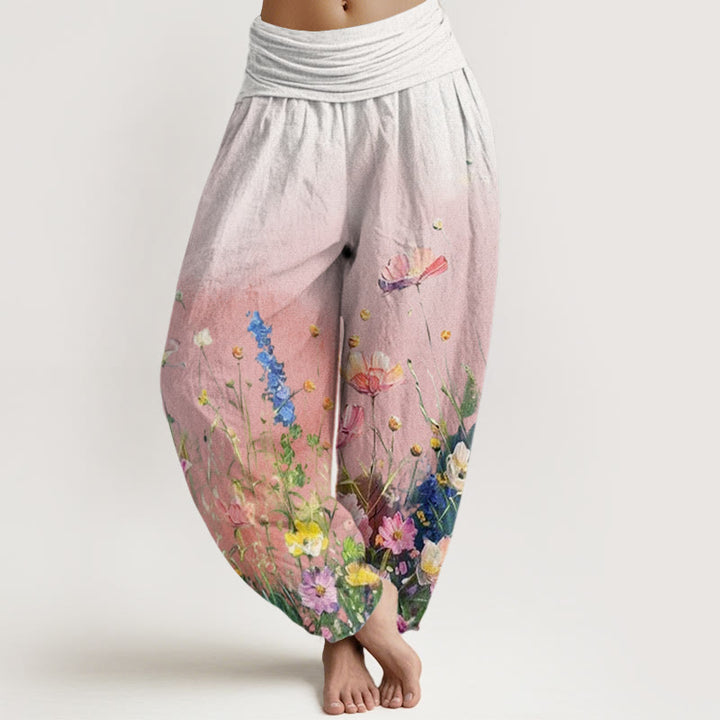 Buddha Stones Casual Watercolor Style Floral Pattern Women's Elastic Waist Harem Pants - Pink - US22,UK/AU26,EU54 (6XL) - image 0